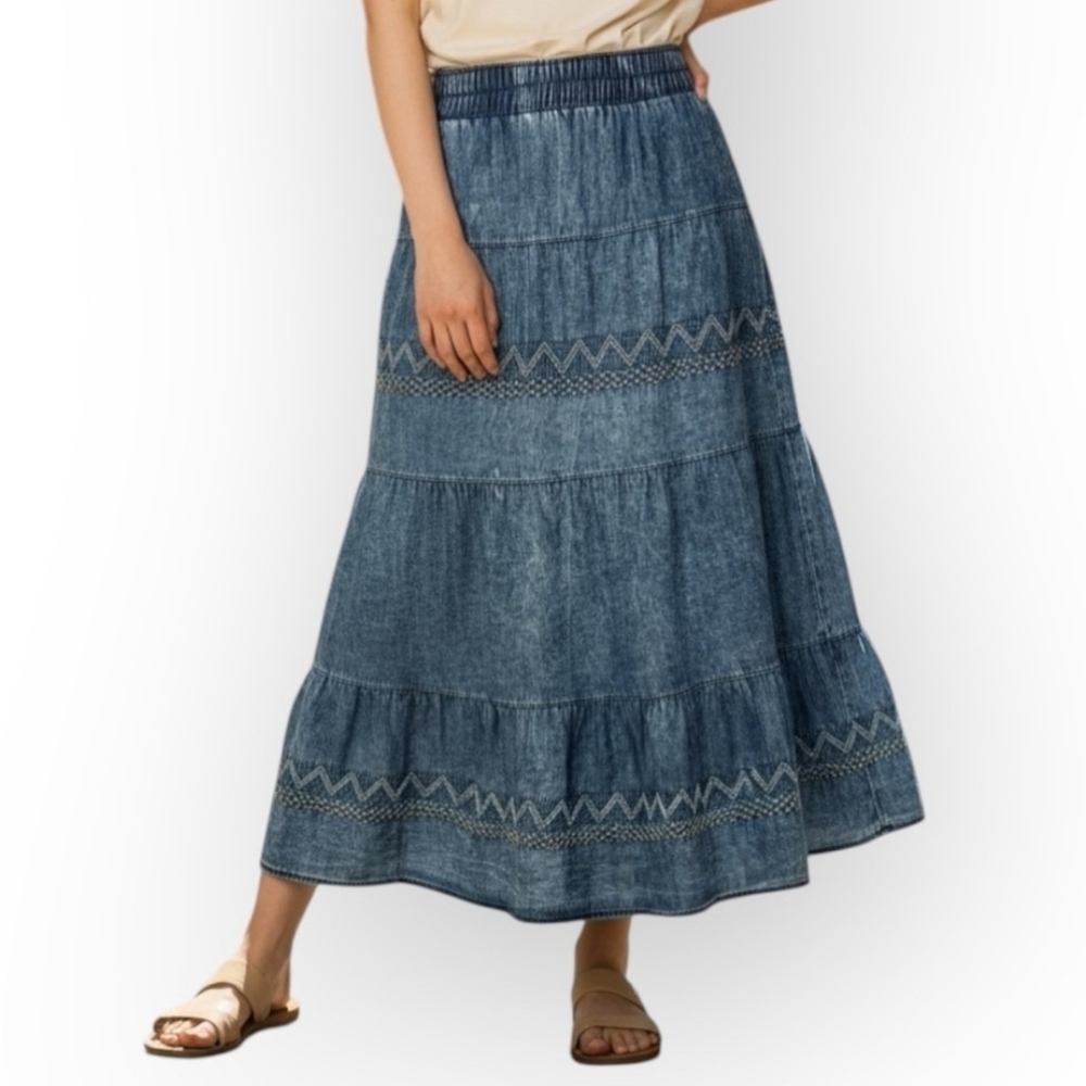 Lapis Embroidered Stone Wash Pull On Cotton Midi Skirt Blue Denim Southwest XL
